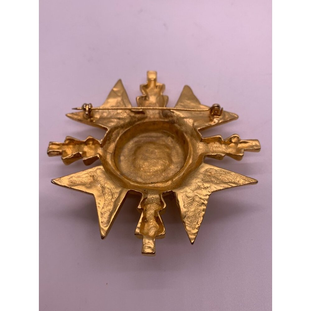 Maltese Cross (Mma?) Unique Gold Tone Center Rhinestone Black Enamel Brooch 2072 View 5